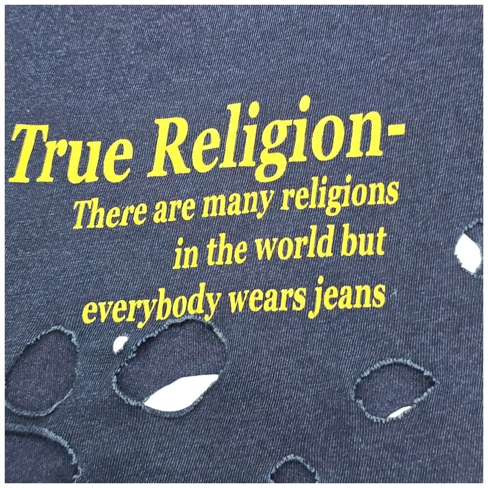 True Religion XXL Distressed Unisex Navy T-Shirt Skull Snake Roses Single Stitch